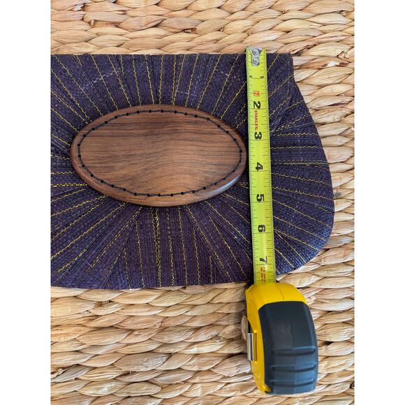 Mar y Sol Boho Dark Blue and Gold Raffia Clutch with Wood Design - Picture 8 of 8